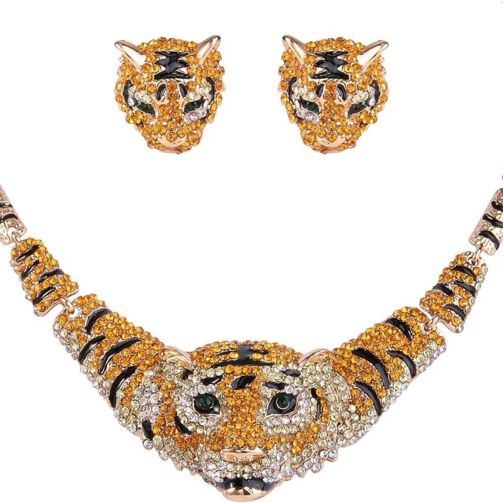 Austrian Crystal Enamel Big Tiger Head Necklace Stud Earrings Set